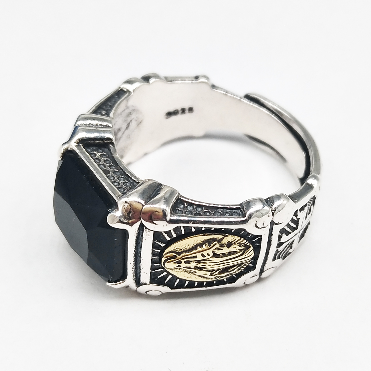 925 Sterling Silver Vintage Black Stone Virgin Mary Finger Ring for Men Women Open Cuff Band Rings Cubic Zirconia Onyx Jewelry Bijoux Birthday Christm