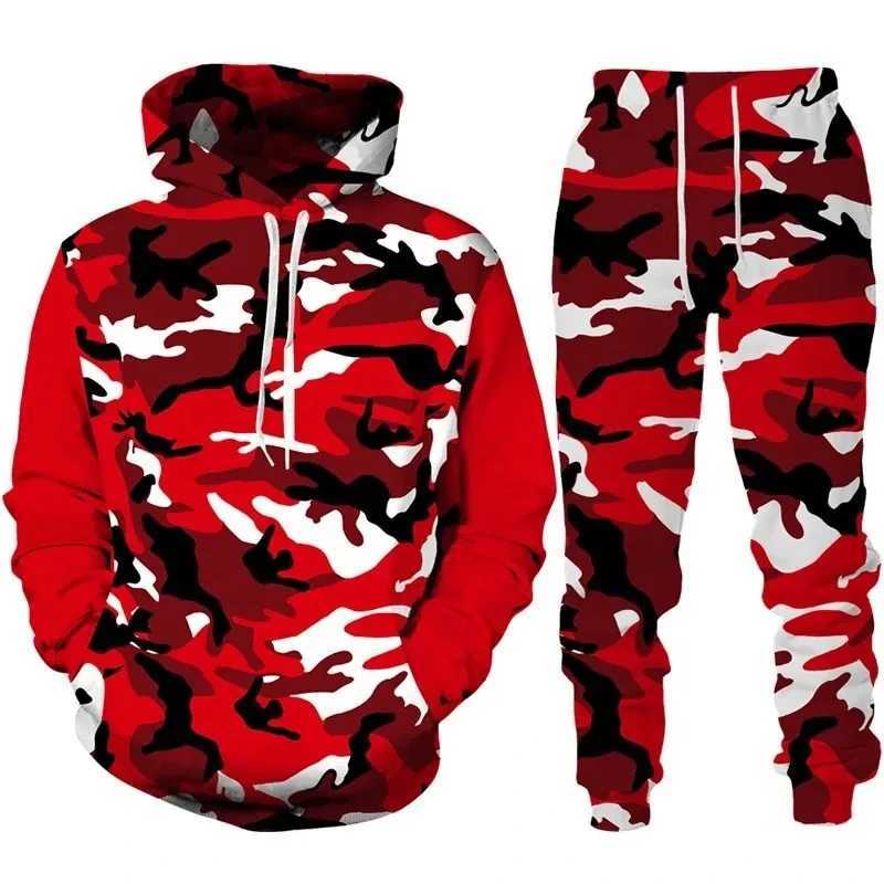 Men's Tracksuits 2024 new camouflage hooded pants set 3D printed casual mens high-quality track and field suit set fashion mens clothing 2-piece 