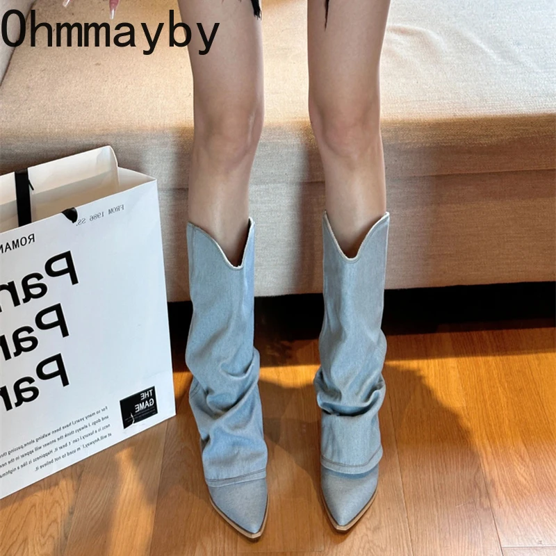 Western Women Cowboy Boots Fashion Slip On Thick Heel Long Booties Retro Style Autumn Winter Female Denim Shoes ac64