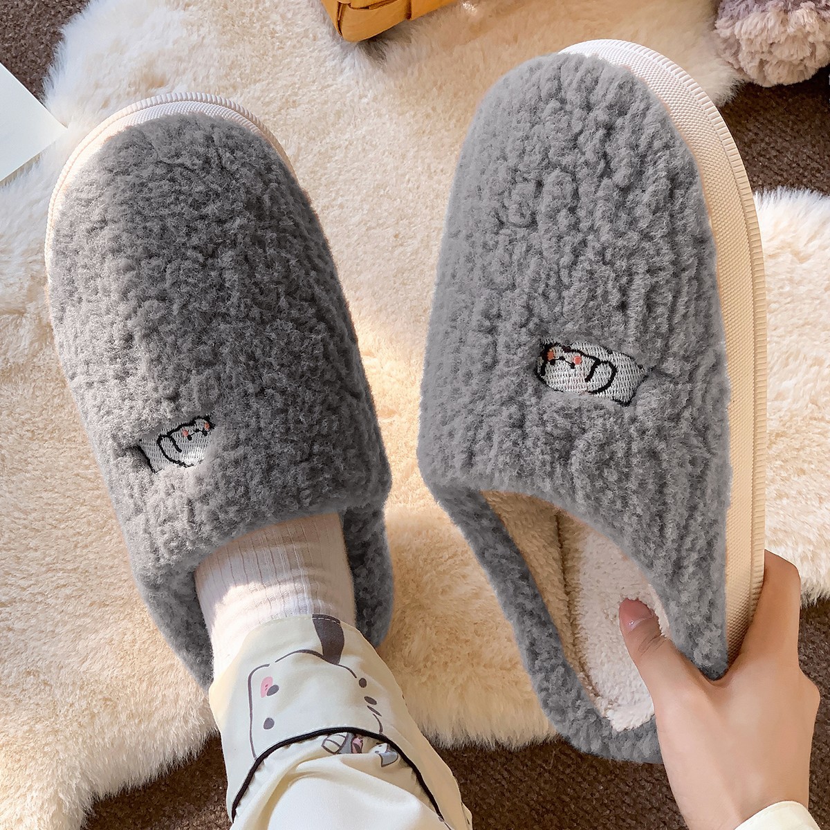 Winter New Cotton Slippers Women Men Home or Shoes Soft Plush Cute Cartoon Anti-slip Couples Indoor House Warm Slipper Indo