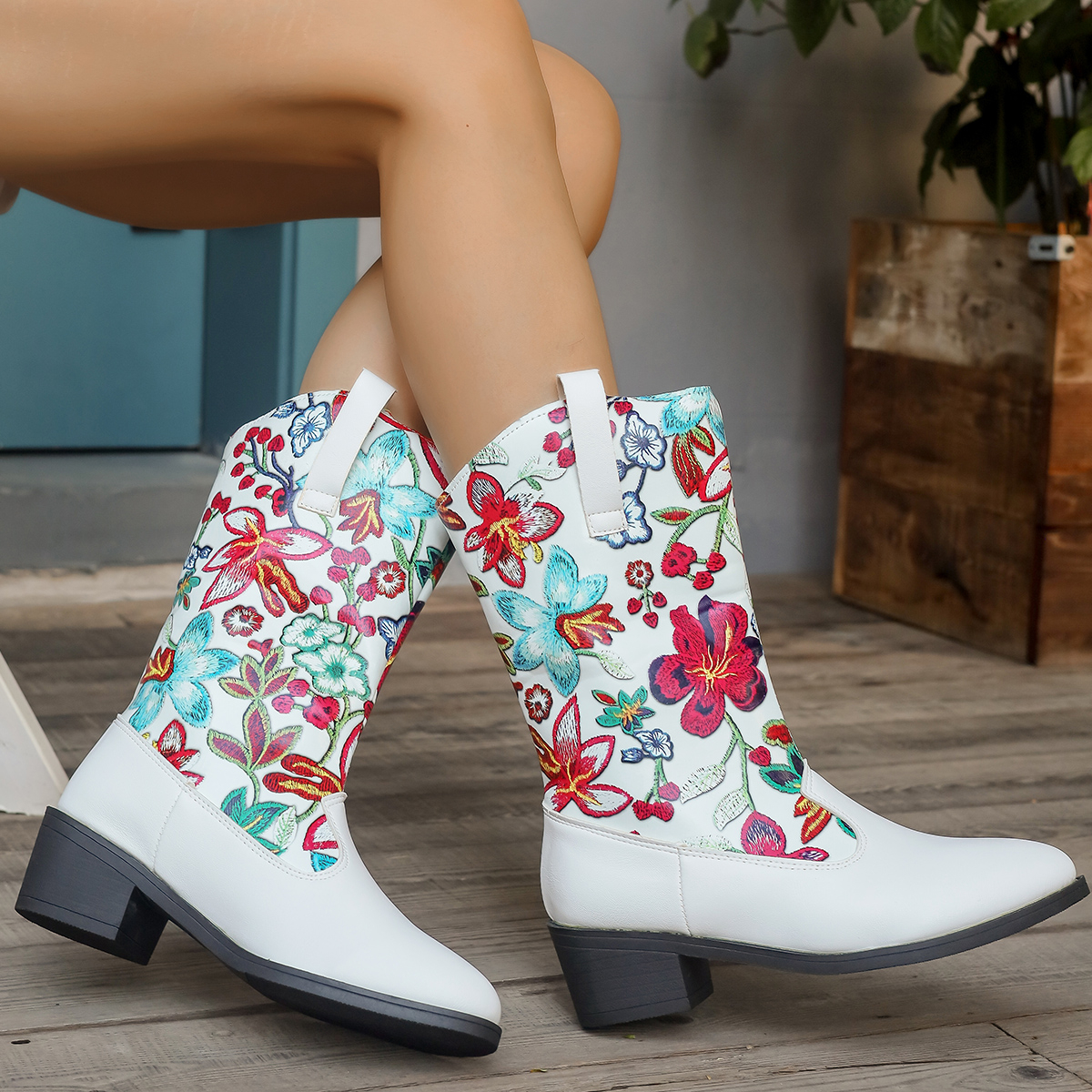 Women's Floral Printed Mid Calf Boots PU Leather Chunky Heeled Cowboy Boots Woman Plus Size 43 V-Cut Slip On Western Botas Mujer