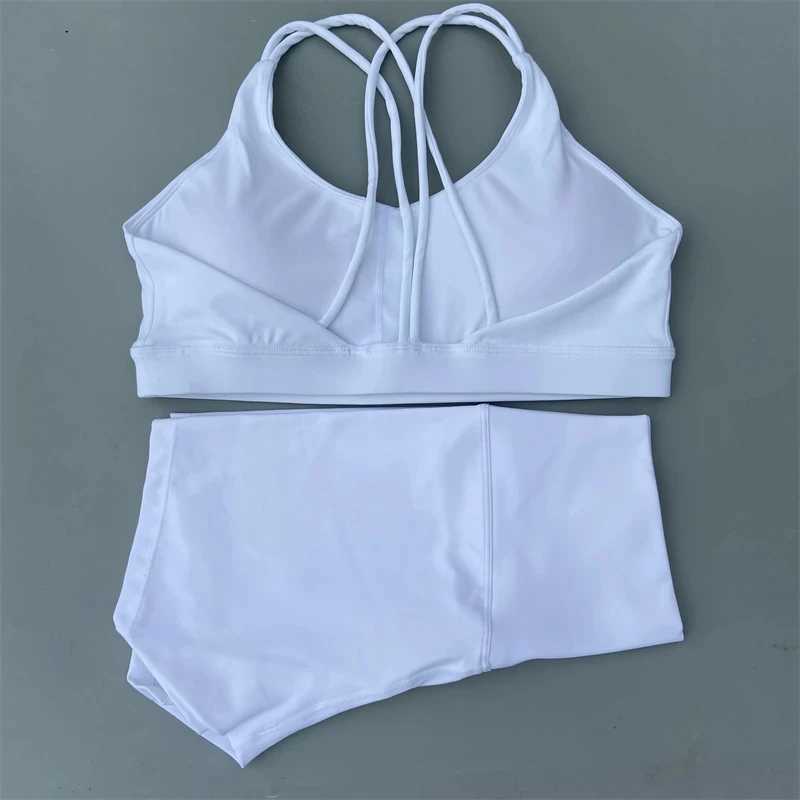 Solid color fitness bike yoga set short leg+cross sports bra sportswear womens gym set comprehensive training joggingW250411