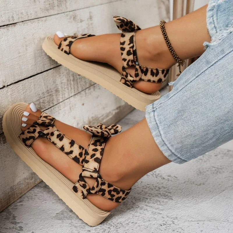 Women's Leopard Print Bow Sandals Summer Fashion Thick Soled Outdoor Beach Slippers Trend Flat Casual Shoes Lightweight