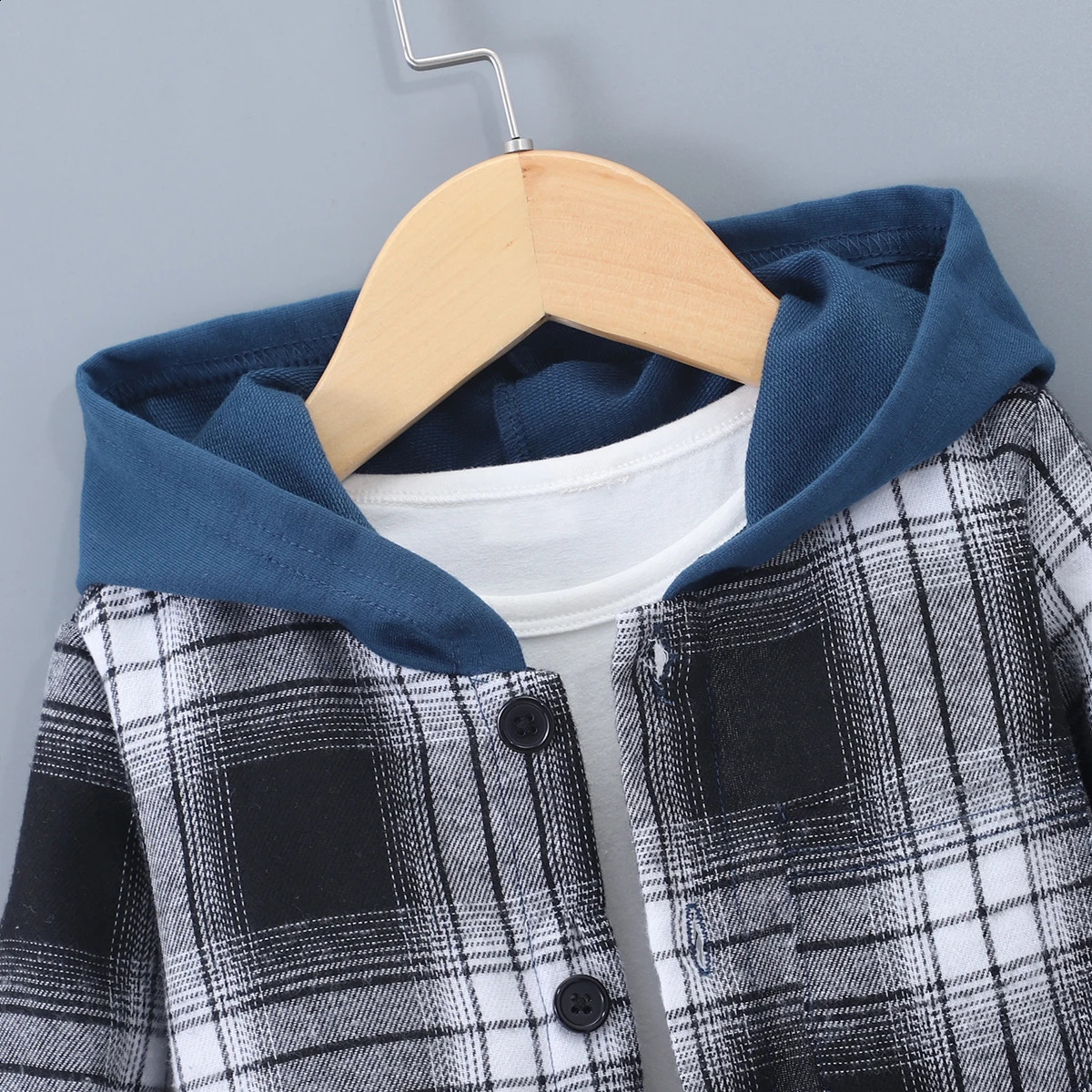 2024 Spring Winter Kids Boy 2-Piece Cotton Casual Simple Long Sleeve Hooded Coat Checkered Childrens Suit 3 4 5 6 7 Years Old 250117