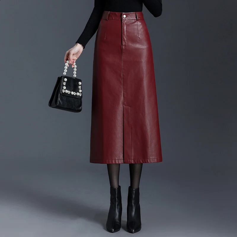 ZUZK Women PU Leather Bodycon Skirts Autumn Winter Front Slit High Waist Long Straight Fashion Skirt Pocket Warm Pu Skirt 240830