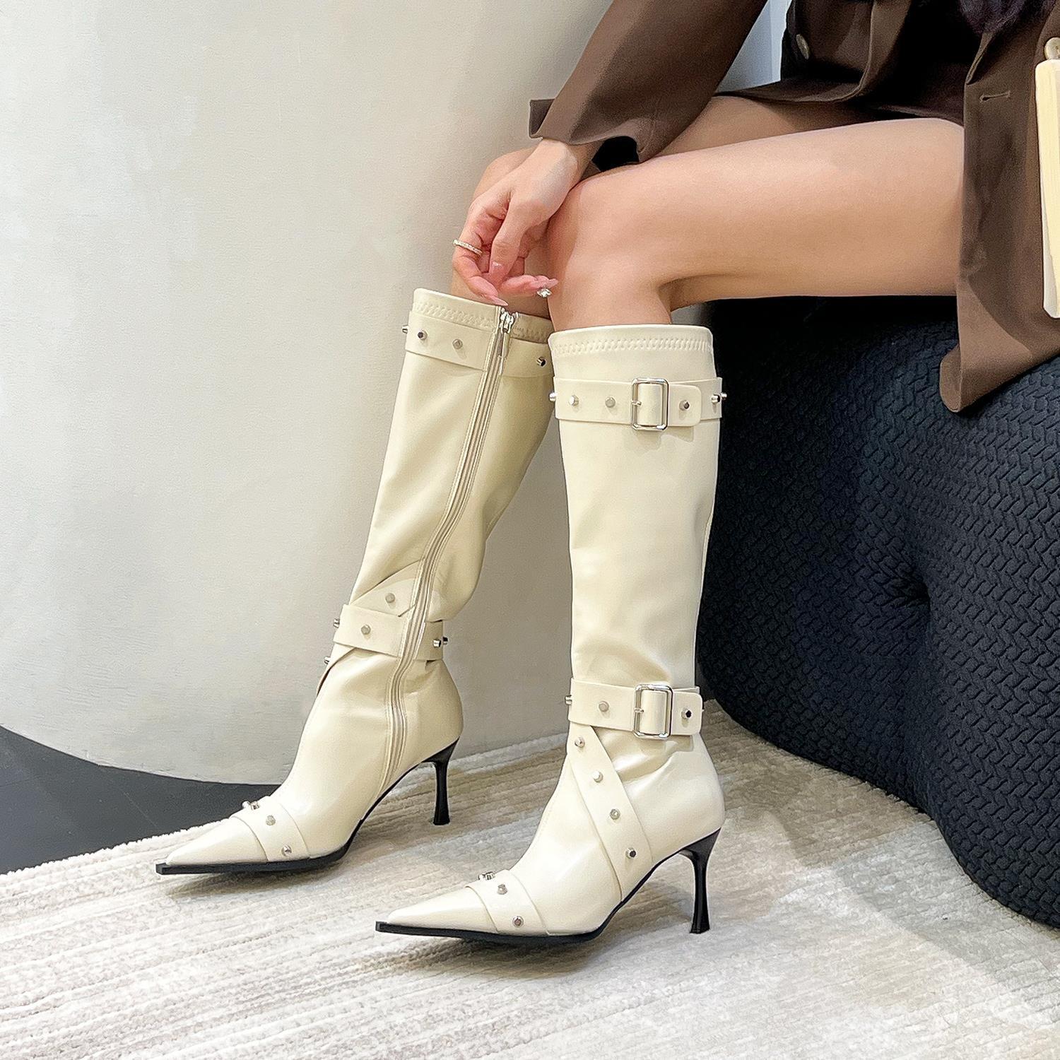 Women's soft leather pointed high-heeled long boots
