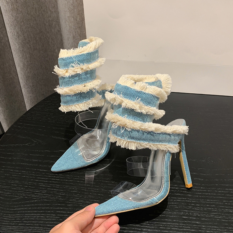 New 2024 Liyke New Design Denim Ankle Snake Surround Strap Sandal Women Transparent PVC Summer High Heels Party Stripper Shoes Pumps 1e25