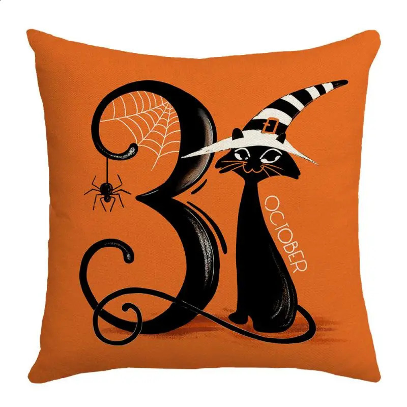 45Cm Halloween Pillowcase Home Decorative Sofa Cushion Covers Pumpkin Cat Witch Hat Printed Throw Pillow Cover 240830