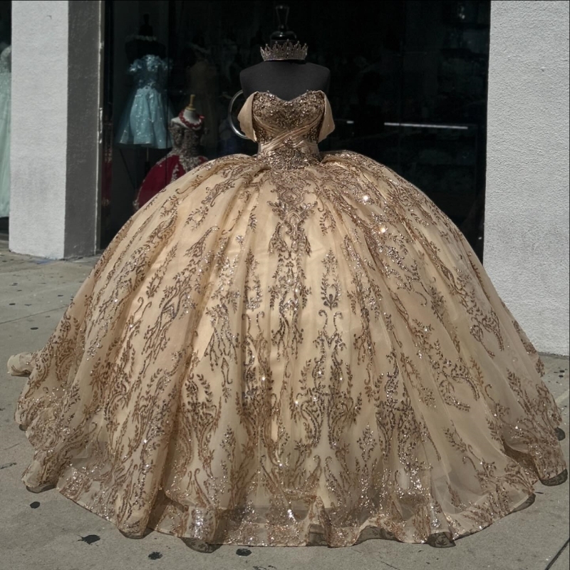 Champagne Mexican Quinceanera Dressess Off The Shoulder Applique Beads Crystal Tull vestido 15 quinceaneras Corset Lace Up Sweet 16