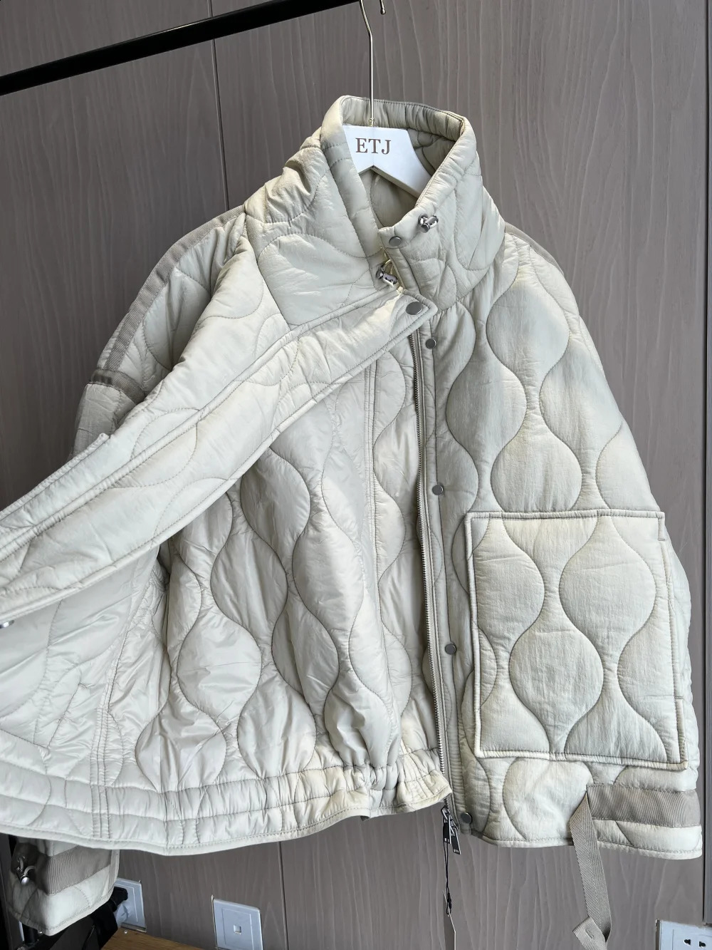 Quilted coat for women ETJ traf QUILTED JACKET WITH TIES beige drawstring high neck pocket clip cotton jacket for women 240830