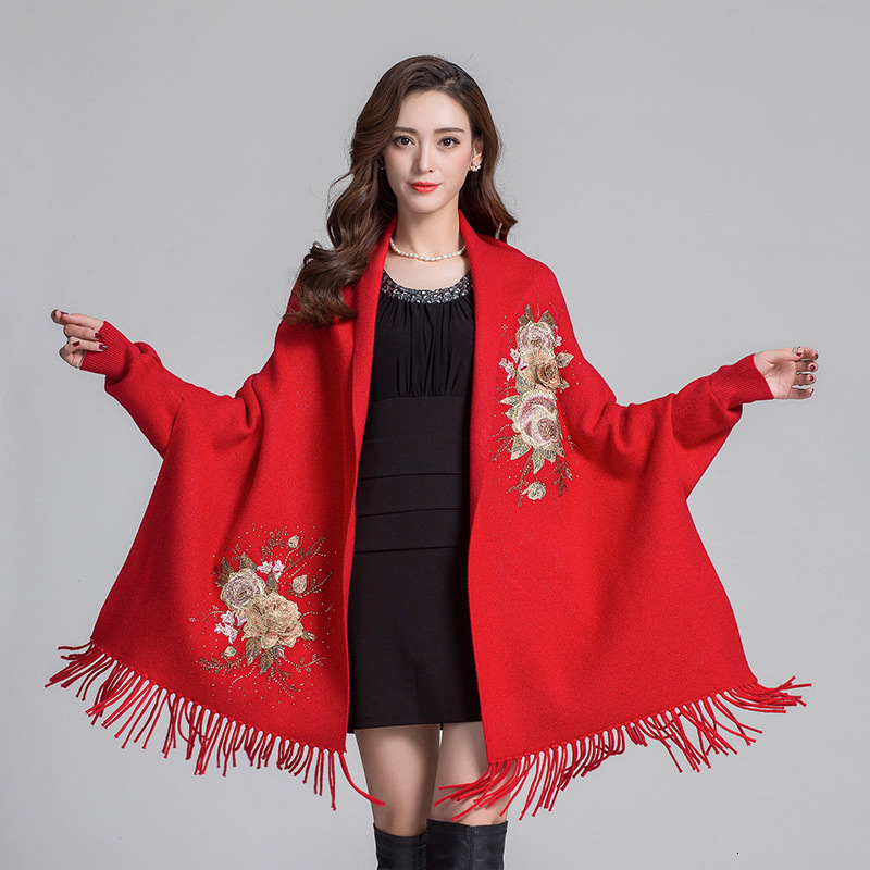 Sleeved Shawl for Women in Autumn and Winter Thick Scarf Embroidered with Hot Diamonds Cheongsam Shawl for Weddings Outer Cloak 0233#