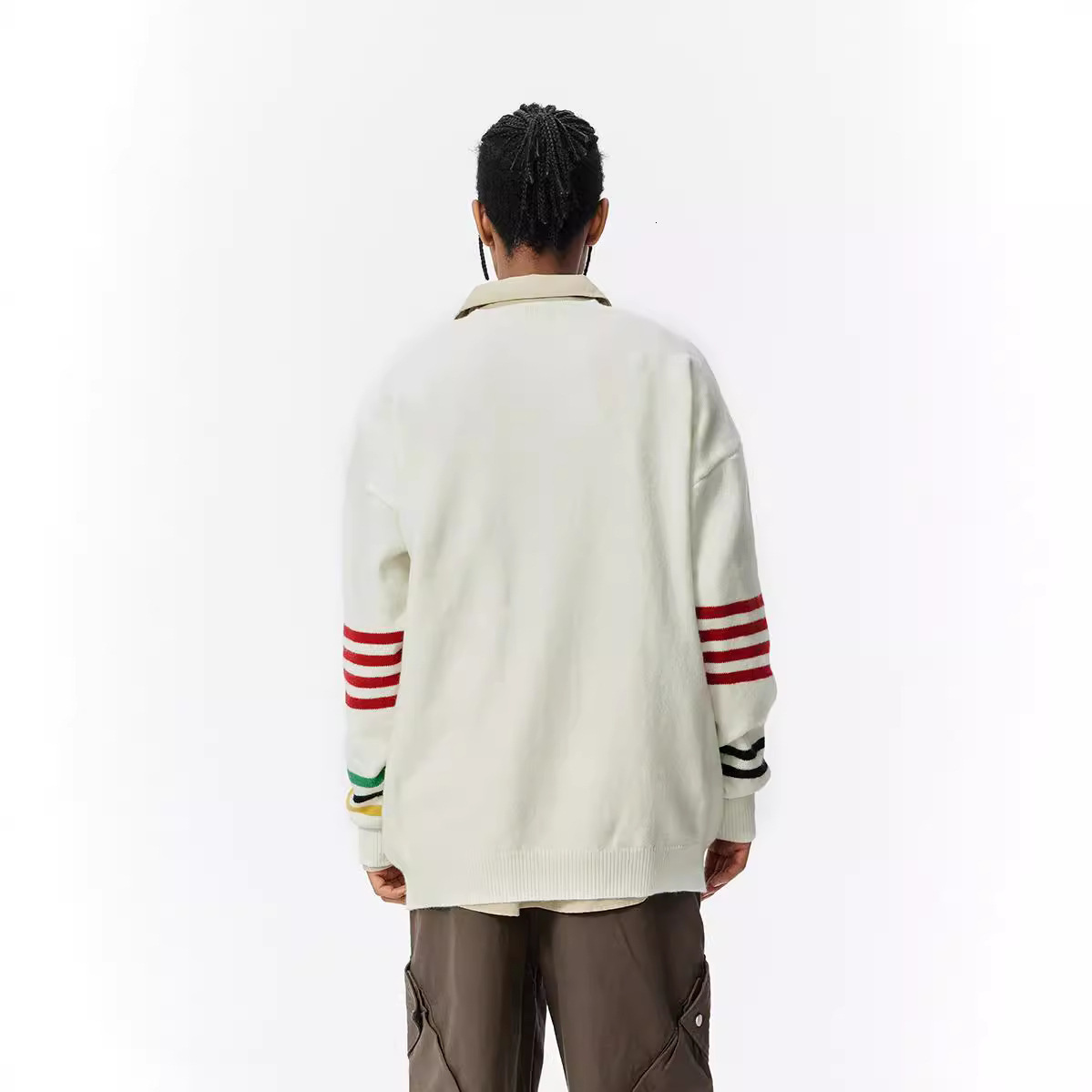 Striped Printed Cardigan Sweater Mens Loose Autumn V-neck Knitted Sweater Spring and Autumn Jacket
