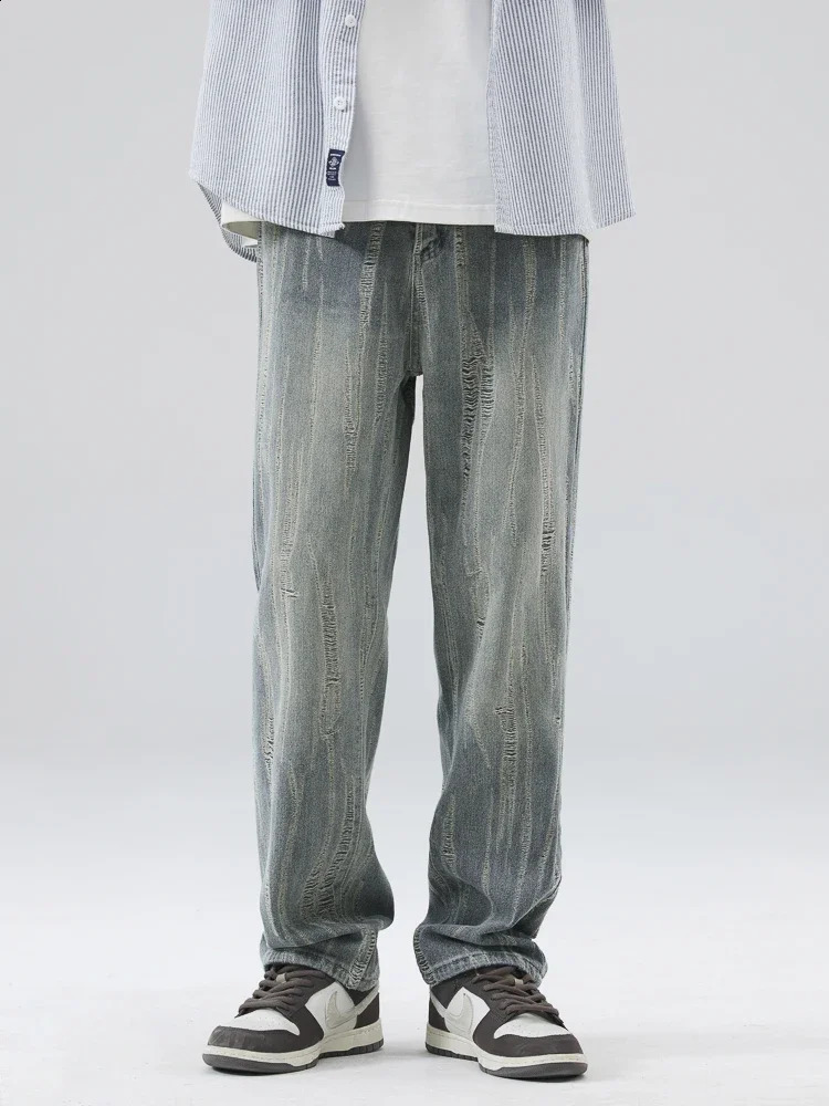 Mens Ripped Jeans Streetwear Vintage Straight Baggy Pants Casual Hole Wide Frayed Fashion Denim Trousers Male Clothes 240826Z