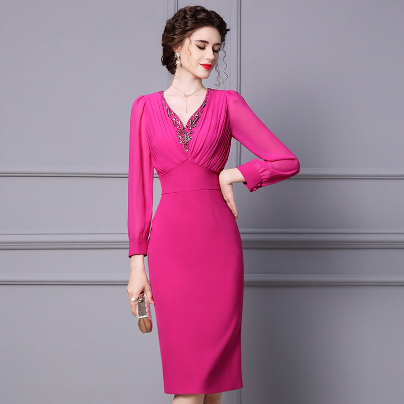 OC-Jackie 409M95 Basic Casual Dresses Autumn and Winter Women's Dress Handmade Nail Beads Long Hip Hugging Skirt Sleeved Evening Gown
