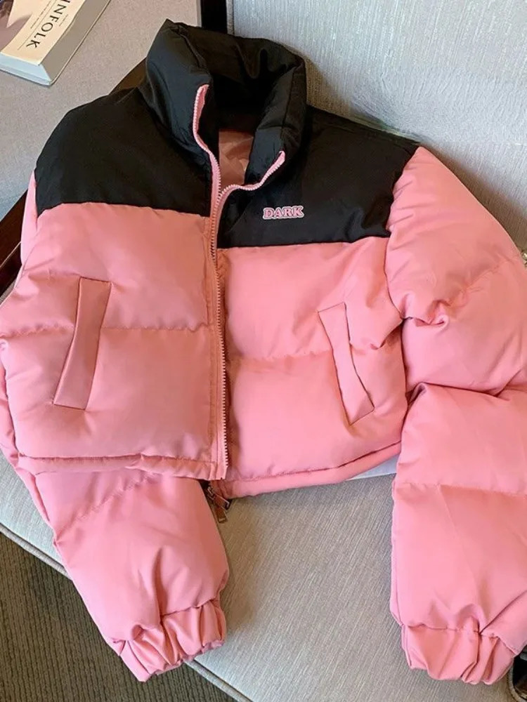 Fashion Casual Stand Neck Thicken Warm Women Parkas Winter Patchwork Vintage Jackets Y2K Letter Zippers Loose Short Coats 240830