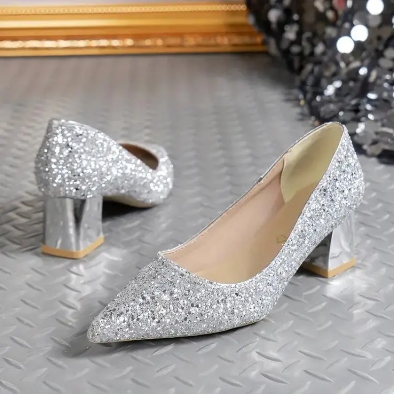 2025 new Spring Fashion and Summer Golden Sequin High-quality Sier Wedding High-heeled Shoes Women's Pumps cd03