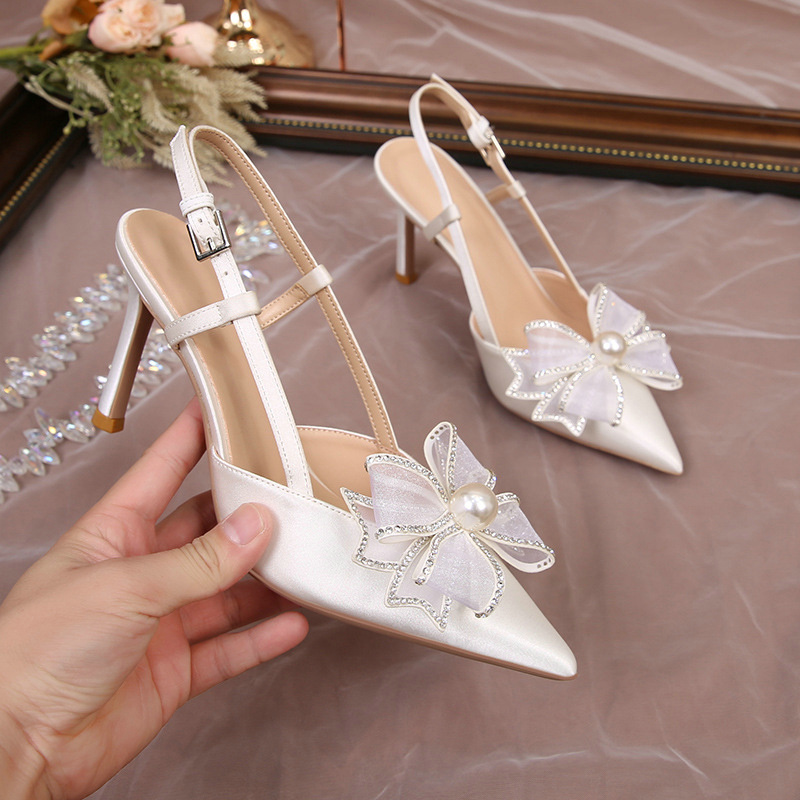 White 2024 New Butterfly-knot Wedding Satin High Heels Women New Bridal Shoes Fairy Wind 9cc2