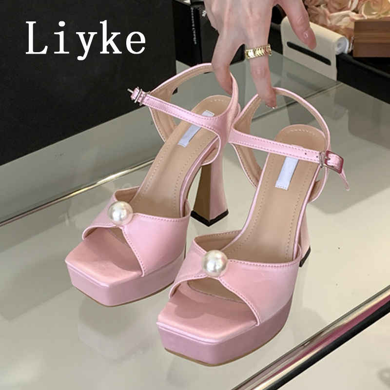 Liyke Sexy Thick Bottom Square Toe Buckle Strap Platform Sandals White Pearl Design High Heels Elegant Women Dinner Party Shoes