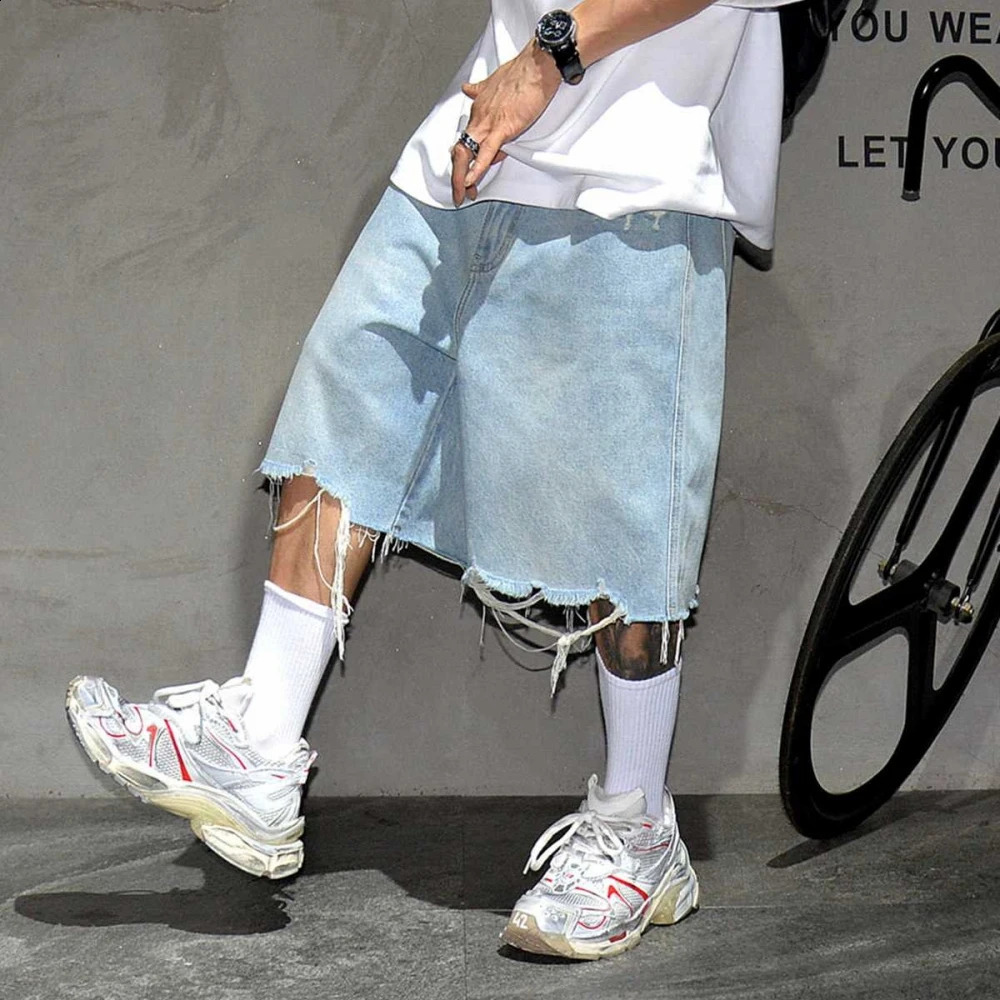 Rough American streetwear Selvedge ripped Jorts Korean hiphop blue denim shorts trend mens summer skateboarding jeans 240830