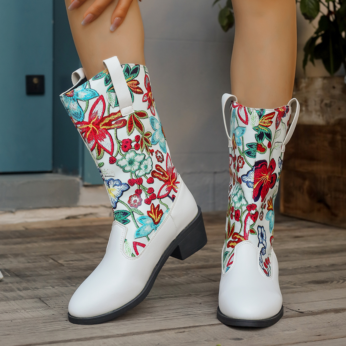 Women's Floral Printed Mid Calf Boots PU Leather Chunky Heeled Cowboy Boots Woman Plus Size 43 V-Cut Slip On Western Botas Mujer