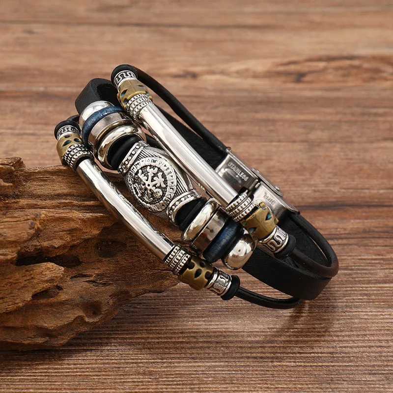 Hip hop punk mens leather bracelet retro Viking bracelet mens leather charm wristband steampunk handmade jewelry gift W240830