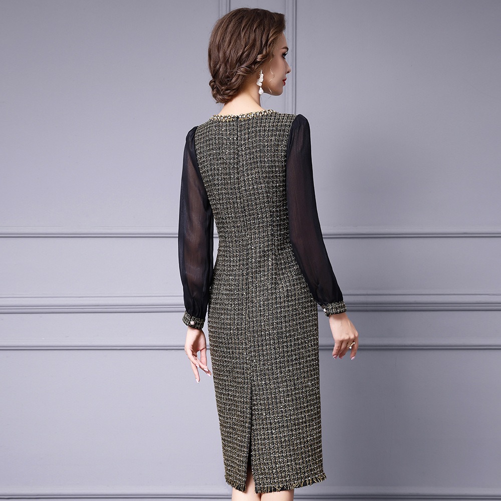 OC 409M90 Basic Casual Dresses Autumn and Winter Coarse Floral Woolen Commuting Skirt Customization Top Women's Dress Handmade Nail Drill