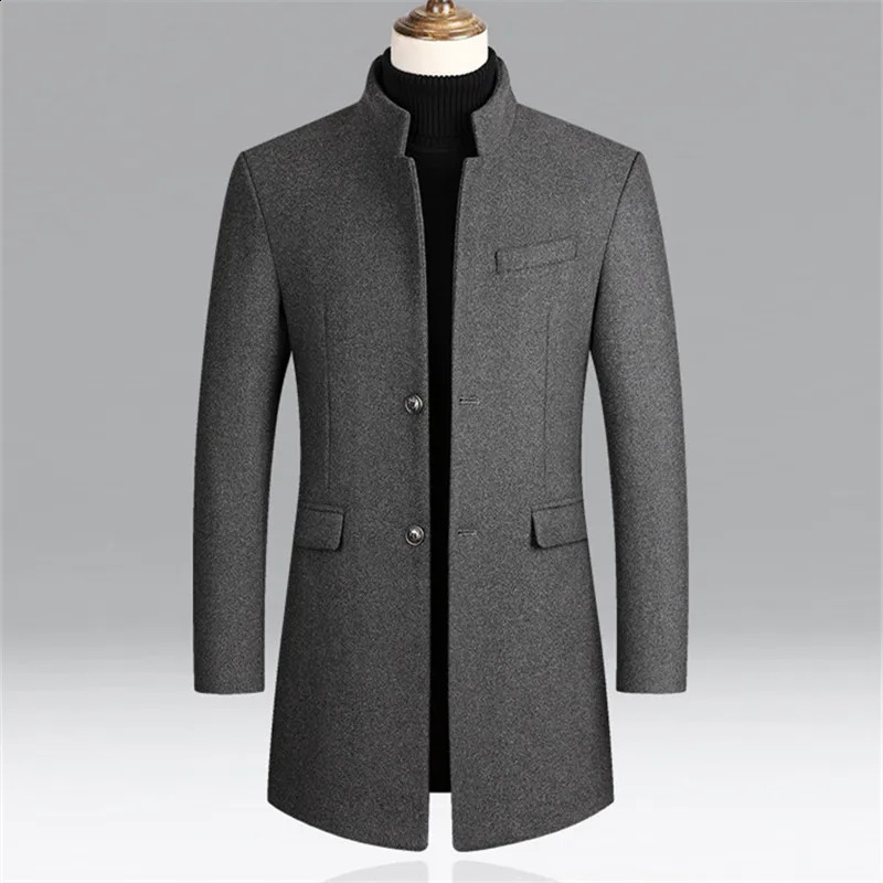 Winter wool blend coat mens solid color stand collar thick business casual mens trench coat single chest wool blend 240912 - view 5