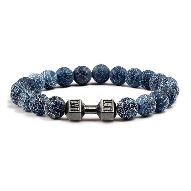 High quality mens bead bracelet natural black fused rock dumbbell charm bracelet energy fitness barbell fashionable womens jewelry W240830