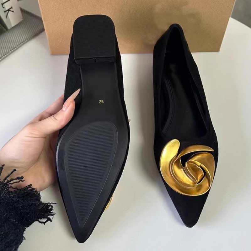Pointed Toe Summer Women Flats Elegant Metal Flower 2024 Trend Black Luxury Female Dress Shoes Solid Work Office Footwear