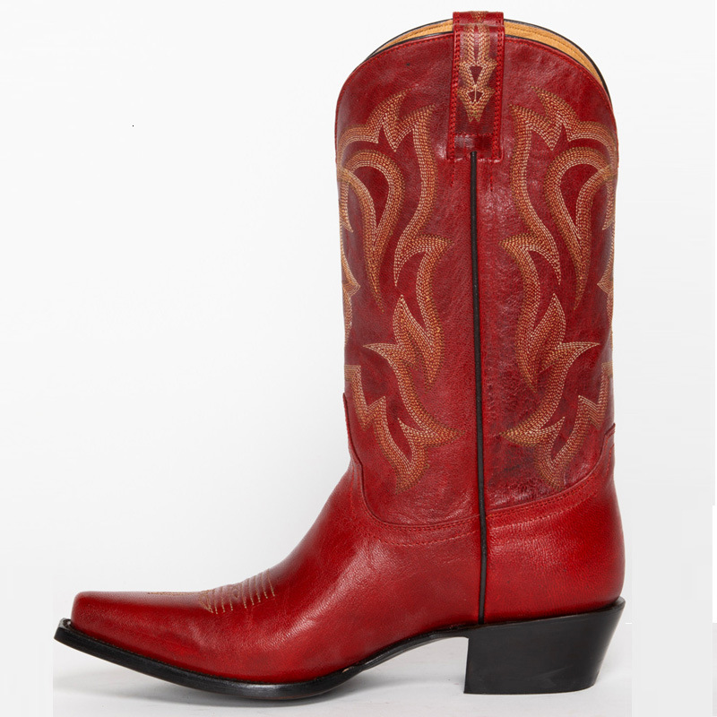 Western Retro Botas Mujer Genuine Leather Black Embroidery Cowboy Pointed Toe Motorcycle Ankle Boots Shoes Woman Big Size