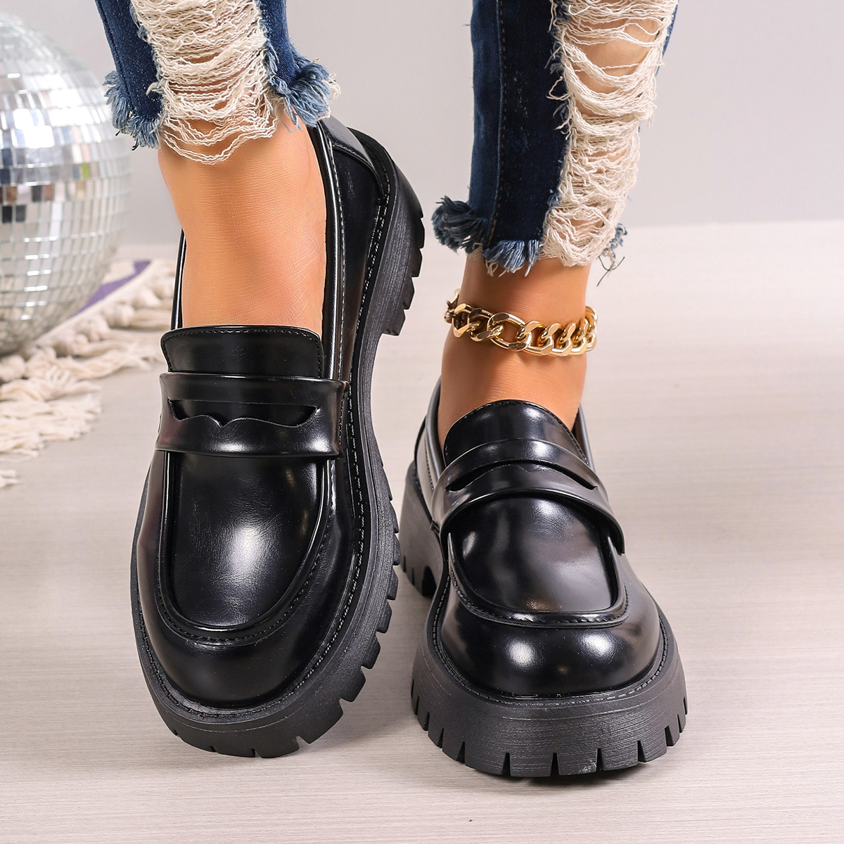 Rimocy Casual Platform Loafers Woman 2024 British Style Black Brown PU Leather Shoes for Women Comfort Slip On Flats Plus Size