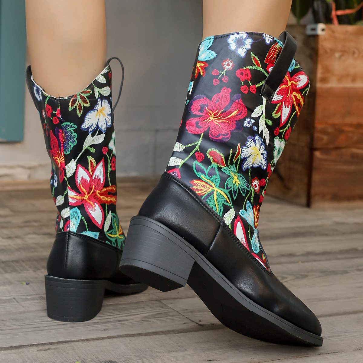 Women's Floral Printed Mid Calf Boots PU Leather Chunky Heeled Cowboy Boots Woman Plus Size 43 V-Cut Slip On Western Botas Mujer