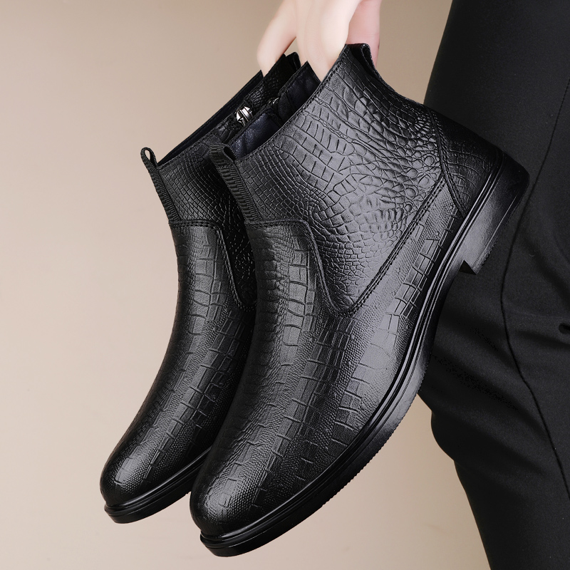 Fashionable Business Combat Boots for Men Autumn /Winter New Classic Black Zipper Side Crocodile Pattern Comfortable Short Boots