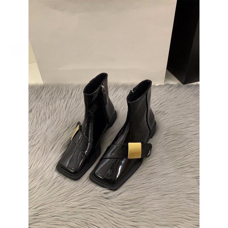 Women's flat bottomed square toe black British style Martin boots 241116