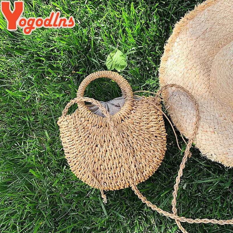Yogodlns Handmade Half Round Rattan Womens Straw Bag Summer Messenger Cross Body Girls Little Beach Handbag 240830