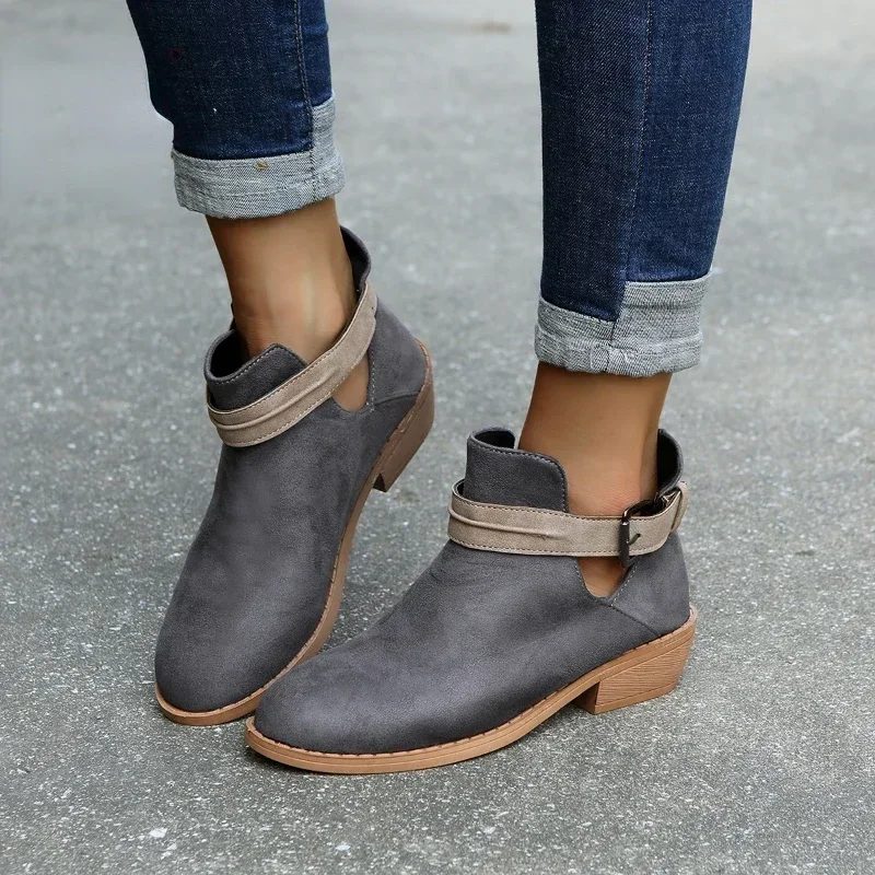 Ankle Women Square Heel Vintage Leather Shoes Female Autumn Buckle Strap Round Toe Casual Short Boots Plus Size 35-43 2e54