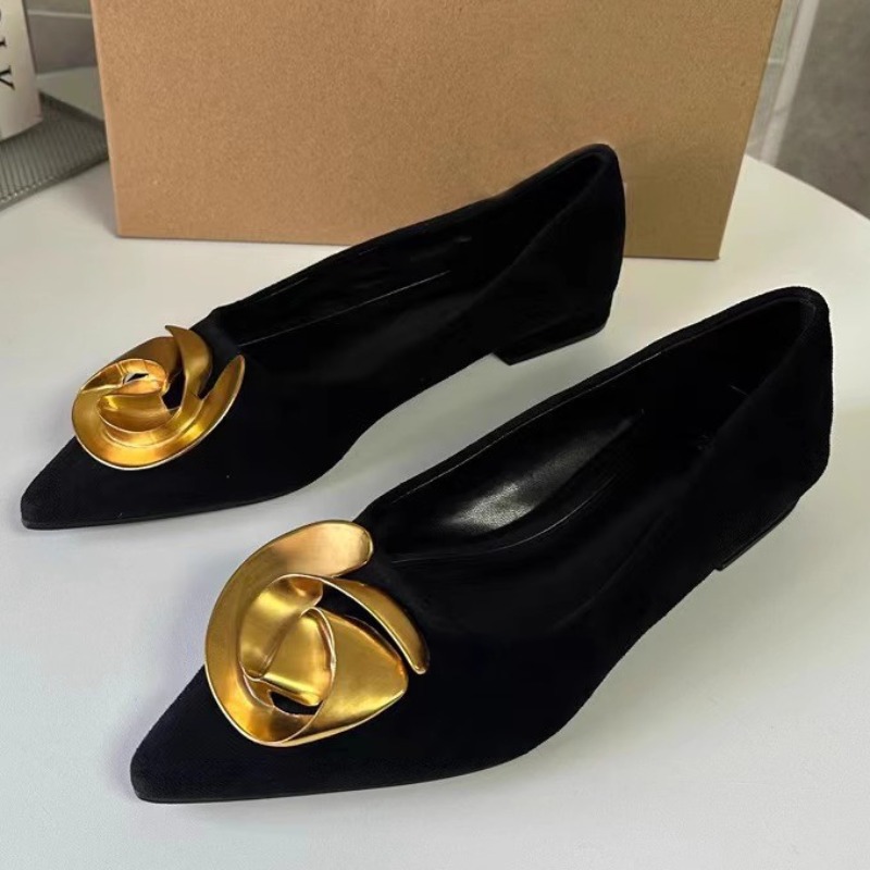 Pointed Toe Summer Women Flats Elegant Metal Flower 2024 Trend Black Luxury Female Dress Shoes Solid Work Office Footwear