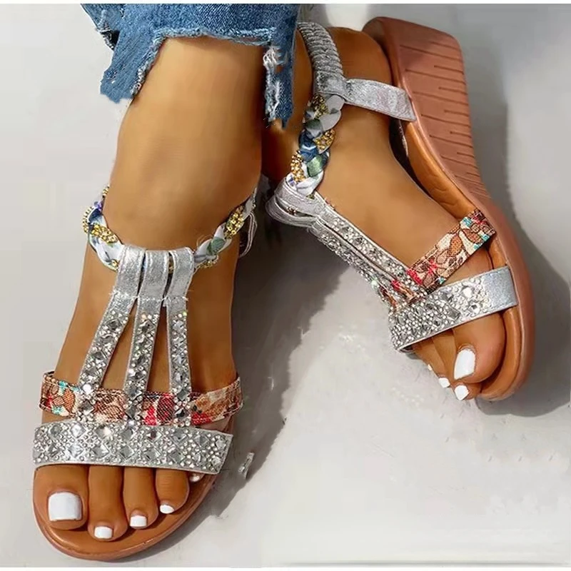 Women Wedge Sandals Summer Bohemia Casual High Heels Sandals Fashion Female Peep Toe Rhinestones Outdoor Beach Shoes