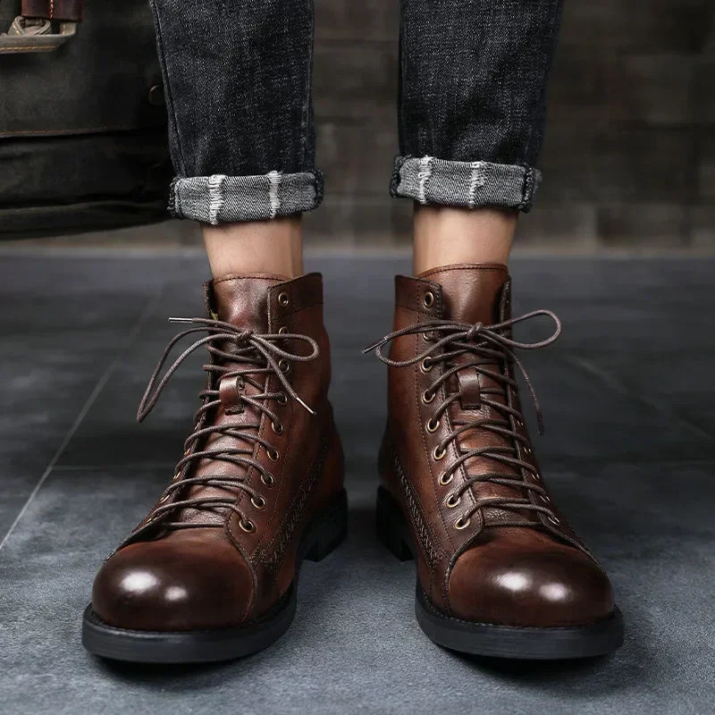 Men Platform Motorcycle Booties Casual High-top Shoes Retro Men Leather Boots Solid Color Lace Up Ankle Boots Autumn Winter 240830