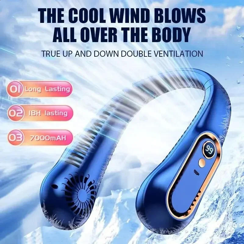 Neck Bladeless Fan Mini Ultra Long Life Portable Lazy Silent Usb Charging Student Sports Office Digital Display Power 5 Gear 240830