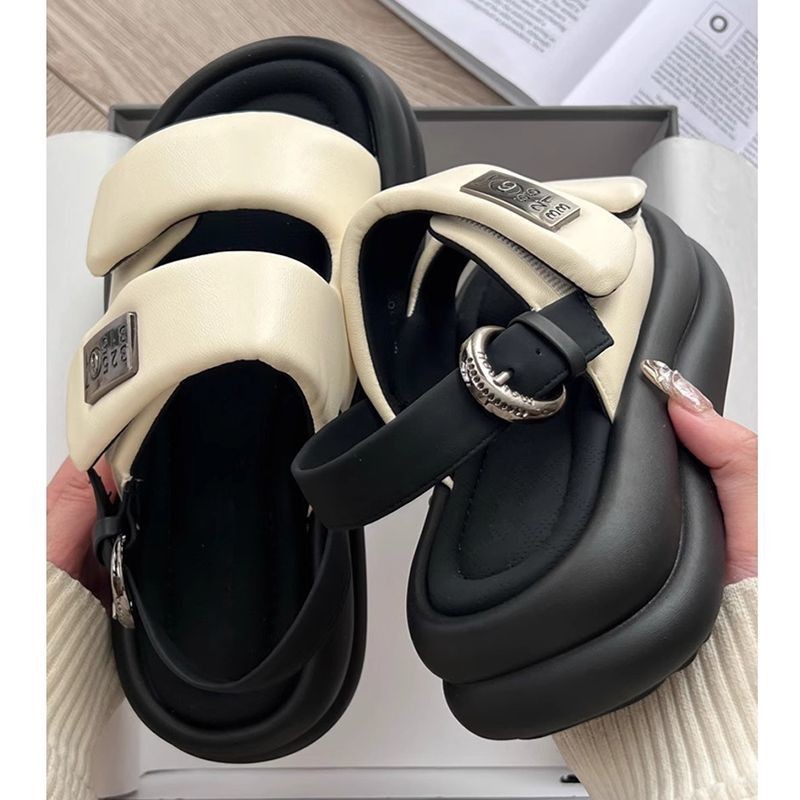 Summer Woman Wedge Heel Sports Sandals 2024 Metal Buckle Sandles Women Platform Non Slip Beach Sandalias Black White e993