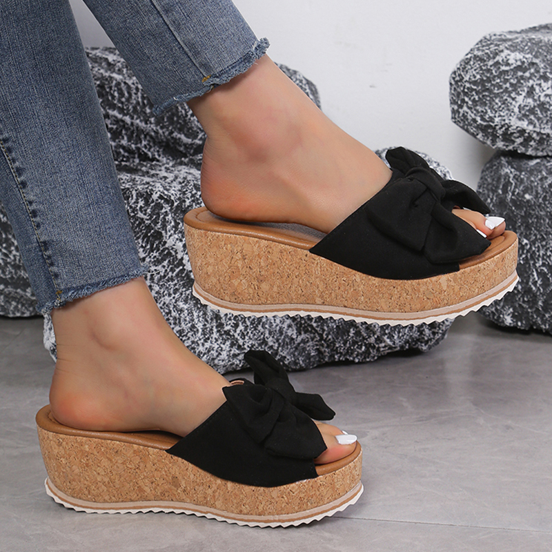 Fashion Bowknot Wedge Sandals for Women Leopard Print Chunky Platform Sandalias Mujer 2024 Summer Thick Sole Slippers Plus Size