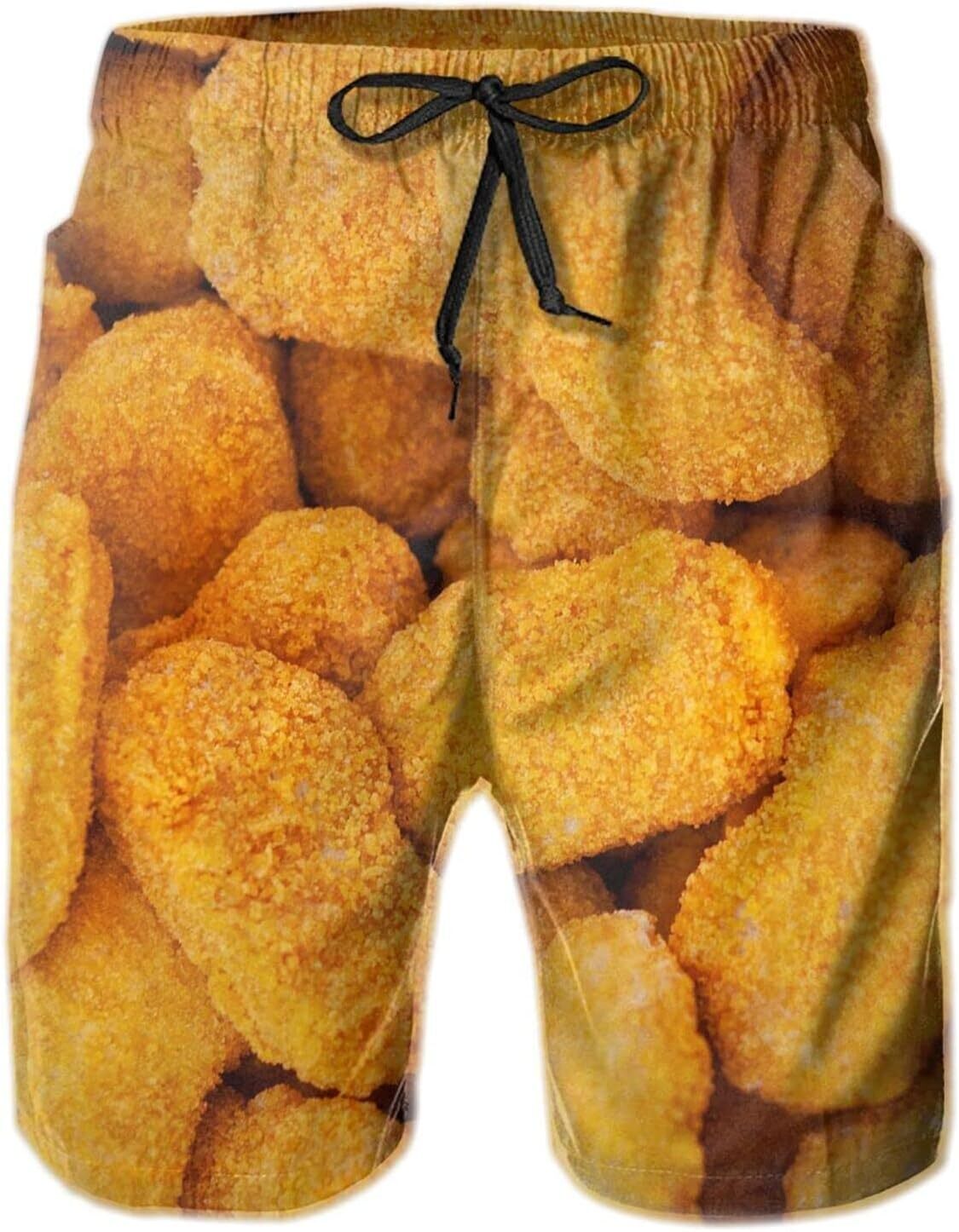 Mens Shorts 3D Printed Pattern Chicken Nuggets Swim Trunks Quick Dry Stylish Beach Board Swimwear