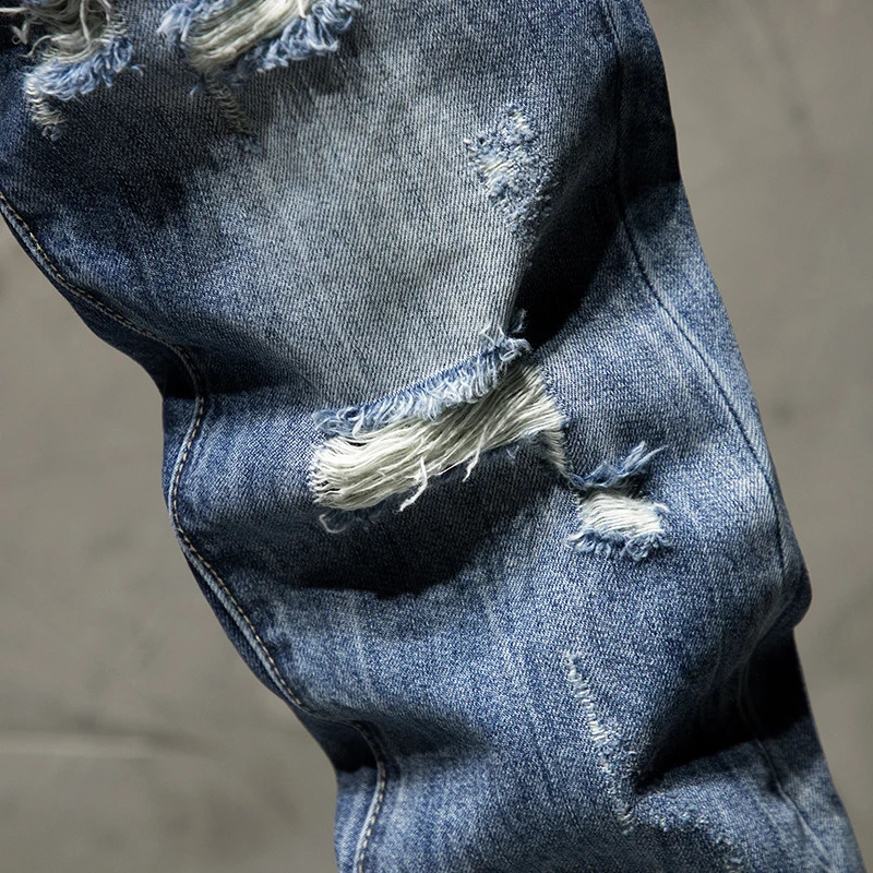 Hip Hop Jeans Men Ripped Denim Gray Hollow Out Ankle Length Pants Streetwear Distressed Frayed Holes Desinger 2024 Summer 240826Z