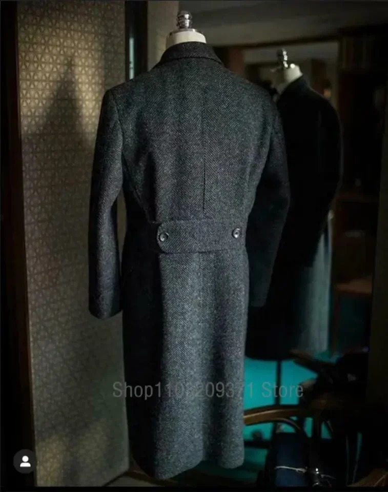 Herringbone Suit Jackets Men Tweed Wool Blend Trench Coat Long Double Breasted Overcoat Military Business Blazer Tailore Made 240830