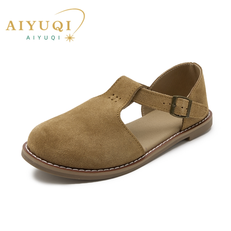 AIYUQI flat-soled retro frosted genuine leather women's sandals 2024 new hollow women's shoes Roman Baotou sandals for women