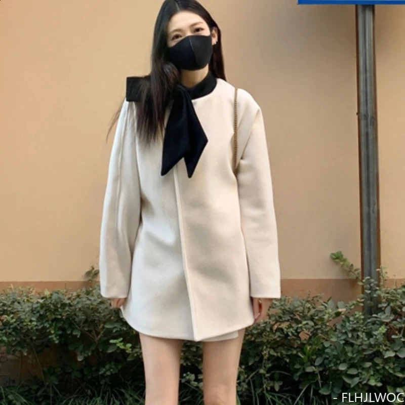 Cute Long Coat Robe Outerwear Retro Vintage Preppy Chic Korea Japan Style Woolen Blends Bow Tie Coats Winter Spring 240830