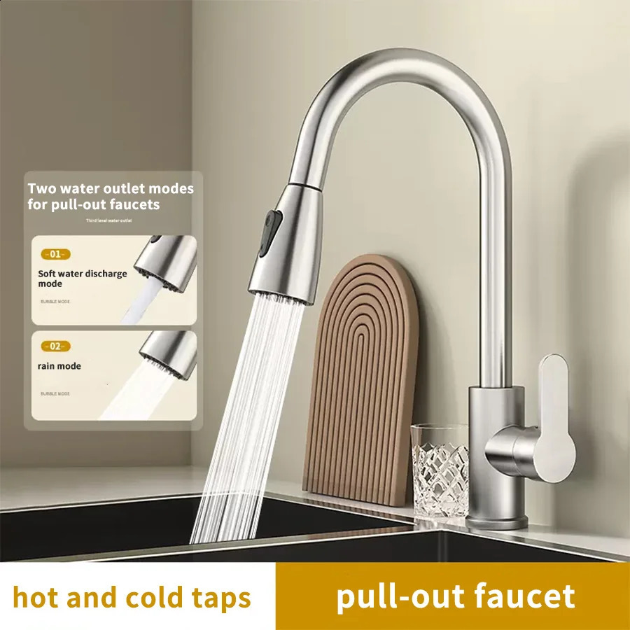 Kitchen faucet with pullout spray nickel brush kitchen 2mode 360 ° sliding sink 240830