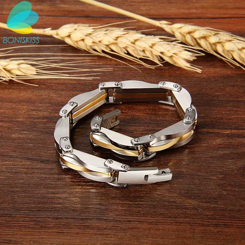 BONISKISS Mens Stainless Steel Double tone Diamond Cool Chain Bracelet Cuff Gold/Silver Colored Wristband Jewelry Christmas Gift W240830