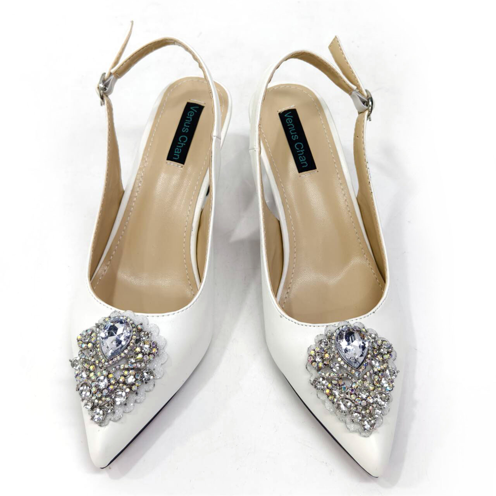 Venus Chan 2024 Latest Wedding Pointed Toe Women's Shoes High Heel White Color Rhinestones Party Ladies Shoes And Bag Set